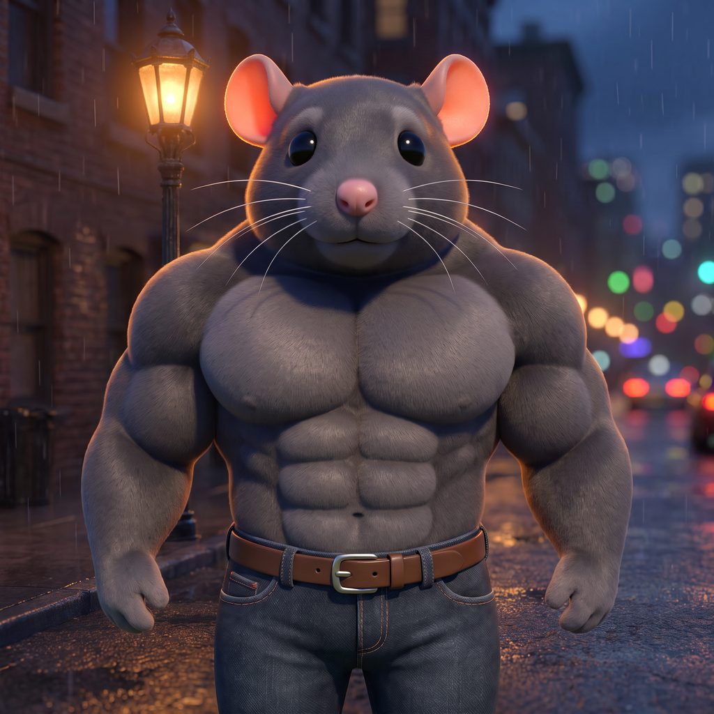 norm, a very large rat, standing under a street lamp